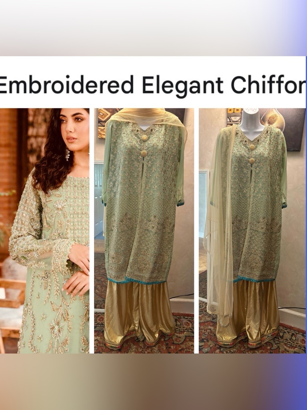 Traditional Embroidered Sage Green Chiffon Dress with Gold gharara! M sz